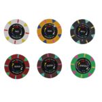 Poker Stuff India 500 Clay Poker Chip Set Denomination 100 to 25000 with 1 Dealer Button, 4 Pack of Plastic Poker Cards with Jumbo Index and 1 Box (Multicolor, 13.5 Gram)